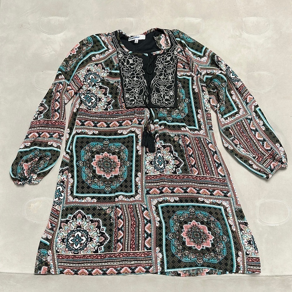 Bailey Blue Fun BoHo tunic/ top, embrodery, tassles, Lined, S